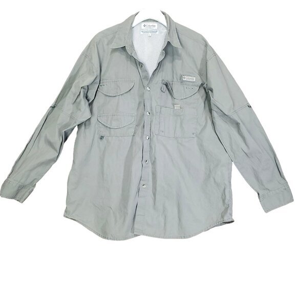 COLUMBIA Mens Button SZ L Up Green Tan PFG Fishing‎ Vent Pockets 100% Cotton - Picture 1 of 10
